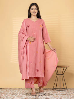 Readiprint - Pink Embroidered Round Neck Regular Kurta Pant with Dupatta