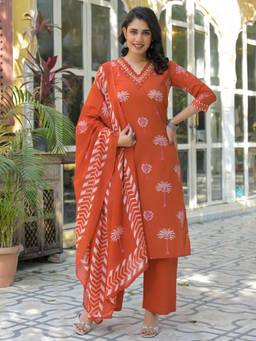 Readiprint - Orange Floral V-Neck Regular Kurta Pant with Dupatta