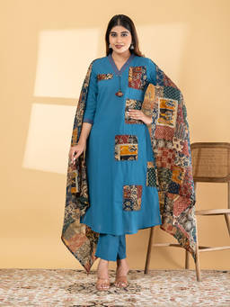 Readiprint - Blue Printed V-Neck Regular Kurta Pant with Dupatta