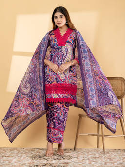 Readiprint - Purple Paisley V-Neck Regular Kurti Palazzo with Dupatta