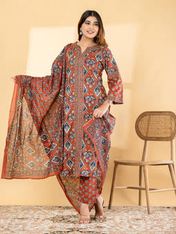 Readiprint - Rust Printed Round Neck Regular Kurta Pant with Dupatta