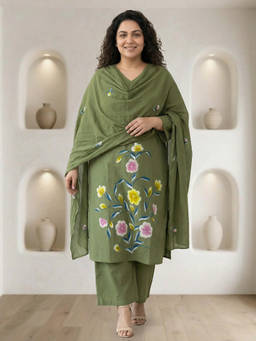 Readiprint - Green Floral V-Neck Regular Kurta Pant with Dupatta
