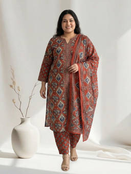 Readiprint - Rust Printed Round Neck Regular Kurta Pant with Dupatta