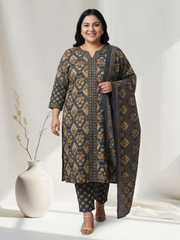 Readiprint - Grey Printed Round Neck Regular Kurta Pant with Dupatta
