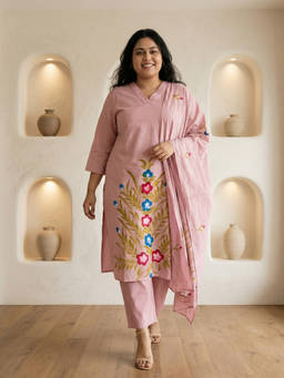 Readiprint - Peach Floral V-Neck Regular Kurta Pant with Dupatta