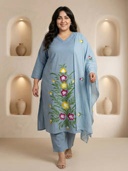 Readiprint - Grey Floral V-Neck Regular Kurta Pant with Dupatta