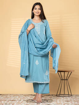 Readiprint - Blue Embroidered Round Neck Regular Kurta Pant with Dupatta