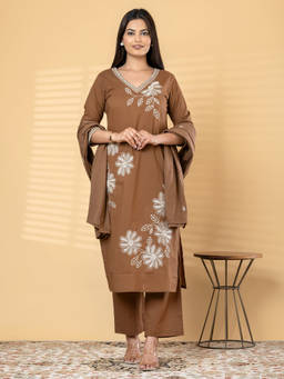 Readiprint - Brown Embroidered V-Neck Regular Kurta Pant with Dupatta