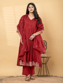 Readiprint - Maroon Embroidered V-Neck Regular Anarkali Kurta Pant with Dupatta