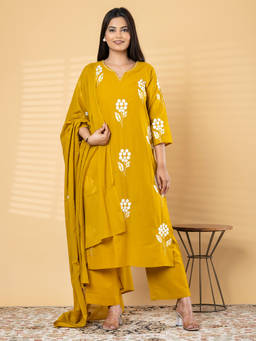 Readiprint - Yellow Embroidered Round Neck Regular Kurta Pant with Dupatta