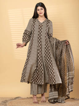 Readiprint - Brown Printed V-Neck Regular Anarkali Kurta Pant with Dupatta