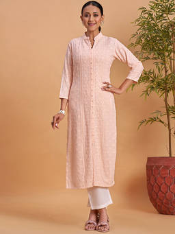 Seerat - Peach Embroidered Mandarin Neck Straight Kurta
