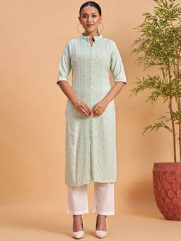 Seerat - Green Embroidered Mandarin Neck Straight Kurta