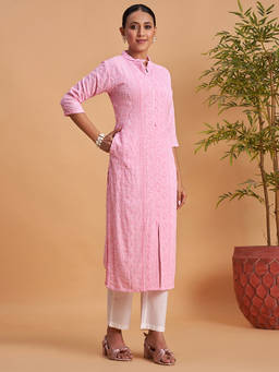 Seerat - Pink Embroidered Mandarin Neck Straight Kurta