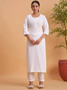 Seerat - White Embroidered Round Neck Straight Kurta