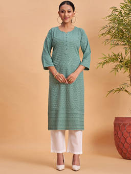 Seerat - Green Embroidered Round Neck Straight Kurta