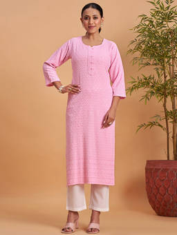 Seerat - Pink Embroidered Round Neck Straight Kurta