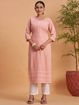 Seerat - Peach Embroidered Round Neck Straight Kurta