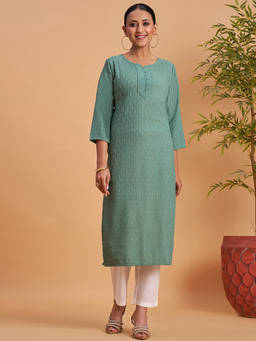 Seerat - Green Embroidered Round Neck Straight Kurta