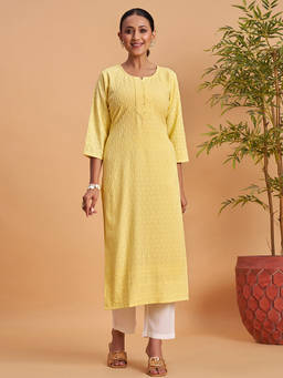 Seerat - Yellow Embroidered Round Neck Straight Kurta