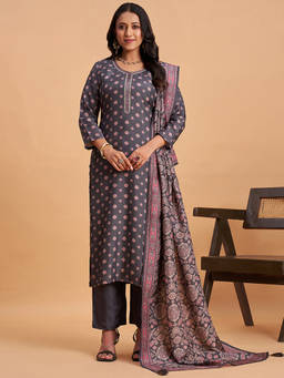 Seerat - Grey Floral Round Neck Regular Kurta Pant with Dupatta