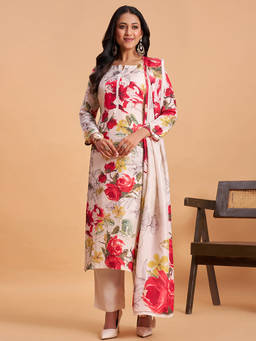 Seerat - White Floral Round Neck Regular Kurta Pant with Dupatta