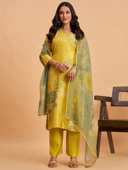 Seerat - Yellow Floral V-Neck Regular Kurta Pant with Dupatta