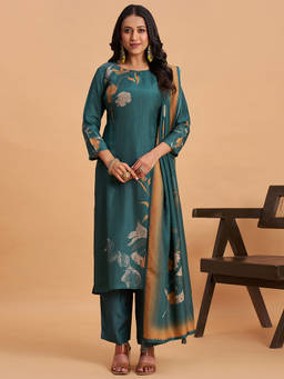 Seerat - Teal Floral Round Neck Regular Kurta Pant with Dupatta