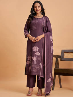 Seerat - Purple Floral Round Neck Regular Kurta Pant with Dupatta