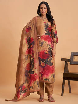 Seerat - Mustard Floral Round Neck Regular Kurta Pant with Dupatta