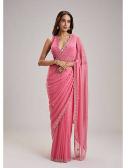 KALKI FASHION - Coral Embellished/Sequined Saree with Unstiched Blouse