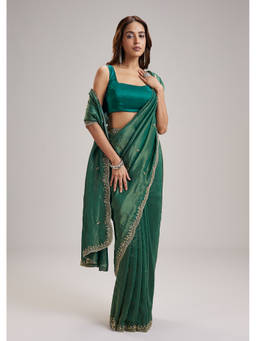 KALKI FASHION - Green Embellished/Sequined Saree with Unstiched Blouse