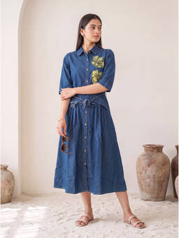 Autumnlane - Blue Collar Neck Regular Dress with Belt
