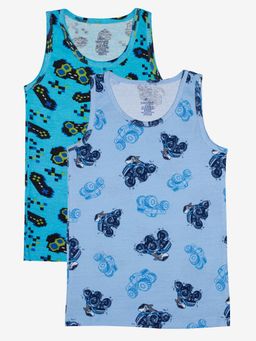KiddoPanti - Boys Blue Cotton Printed Rib Vest (Pack of 3)