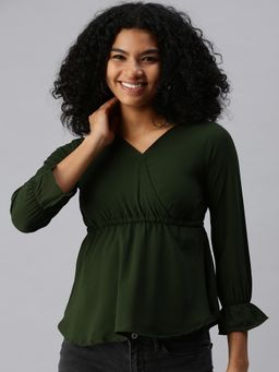 SHOWOFFFF - Women V-Neck Bell Sleeves Solid Olive Top