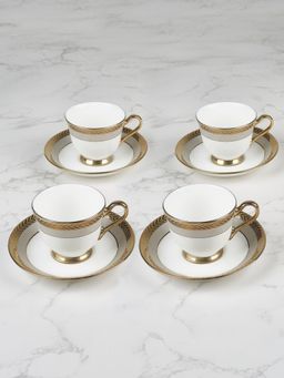 HomeTown - Amour Real Gold-Plated Bone China Diana Cup, Saucer 170ML Set of 4 White, Grey