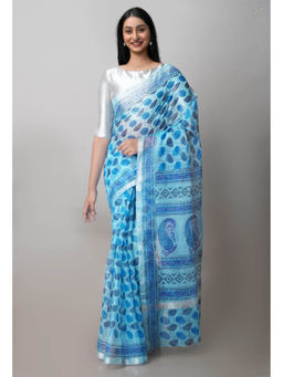 Unnati Silks - Blue Pure Block Printed Kota Cotton Saree with Unstitched Blouse