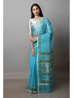 Unnati Silks - Sky Blue Pure Block Printed Kota Cotton Saree with Unstitched Blouse