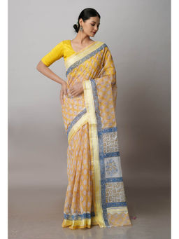 Unnati Silks - Mud Yellow Pure Block Printed Kota Cotton Saree with Unstitched Blouse
