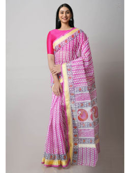 Unnati Silks - Pink Pure Block Printed Kota Cotton Saree with Unstitched Blouse