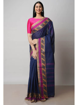 Unnati Silks - Navy Blue Pure Pavani Handcrafted Kanchi Cotton Saree with Unstitched Blouse