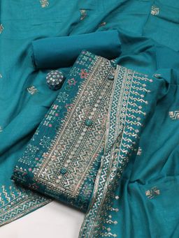 MEENA BAZAAR - Women Embroidered Blue Unstitched Kurta With Pant & Dupatta