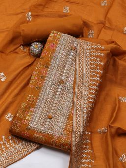 MEENA BAZAAR - Embroidered Orange Unstitched Kurta With Pant & Dupatta