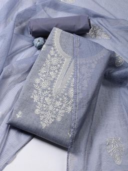 MEENA BAZAAR - Women Embroidered Blue Unstitched Kurta With Pant & Dupatta