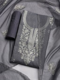 MEENA BAZAAR - Women Embroidery Grey Unstitched Kurta With Pant & Dupatta