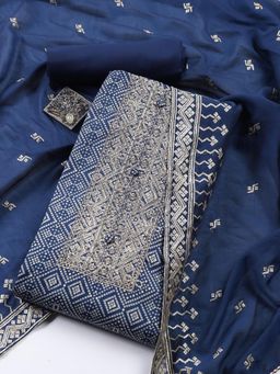 MEENA BAZAAR - Women Embroidered Blue Unstitched Kurta With Pant & Dupatta