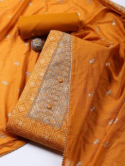 MEENA BAZAAR - Women Mustard Embroidered Unstitched Kurta With Pant & Dupatta