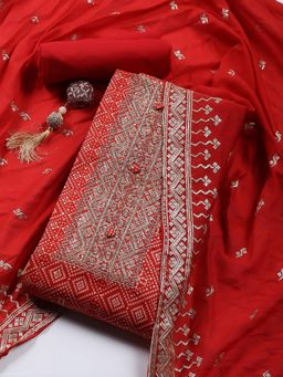 MEENA BAZAAR - Women Embroidery Red Unstitched Kurta With Pant & Dupatta