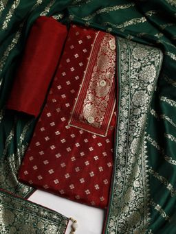 MEENA BAZAAR - Women Embroidery Red Unstitched Kurta With Pant & Dupatta