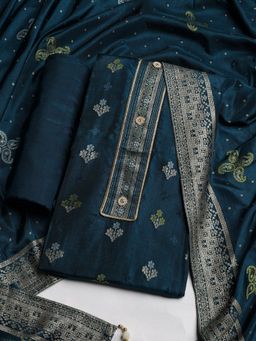 MEENA BAZAAR - Women Embroidered Blue Unstitched Kurta With Pant & Dupatta